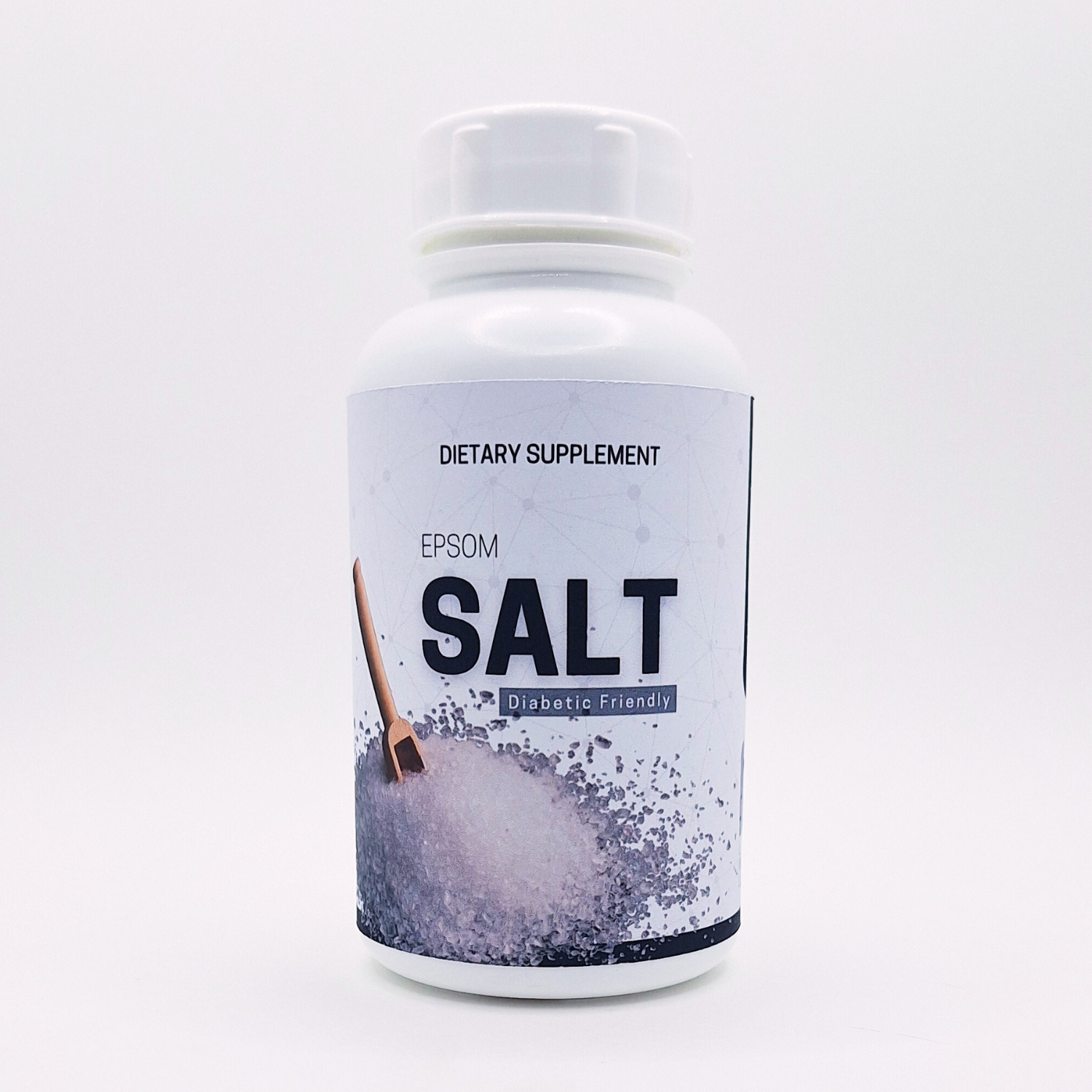 Bottle of Epsom salt dietary supplement on a white background