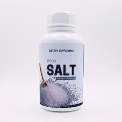 Bottle of Epsom salt dietary supplement on a white background